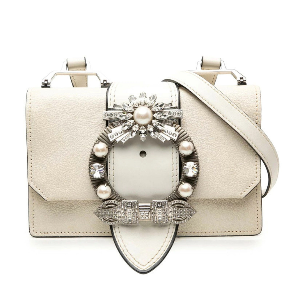 Miu Miu Lady Jeweled leather shoulder bag pearl embellished buckle White